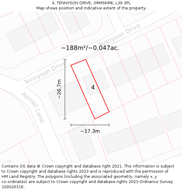 4, TENNYSON DRIVE, ORMSKIRK, L39 3PL: Plot and title map