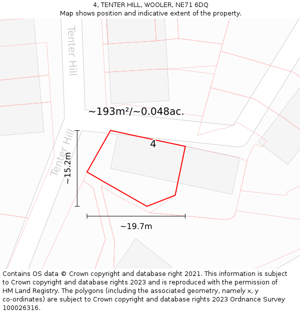 4, TENTER HILL, WOOLER, NE71 6DQ: Plot and title map