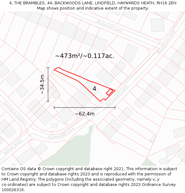 4, THE BRAMBLES, 44, BACKWOODS LANE, LINDFIELD, HAYWARDS HEATH, RH16 2EN: Plot and title map