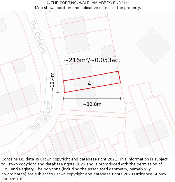 4, THE COBBINS, WALTHAM ABBEY, EN9 1LH: Plot and title map