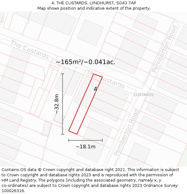 4, THE CUSTARDS, LYNDHURST, SO43 7AP: Plot and title map