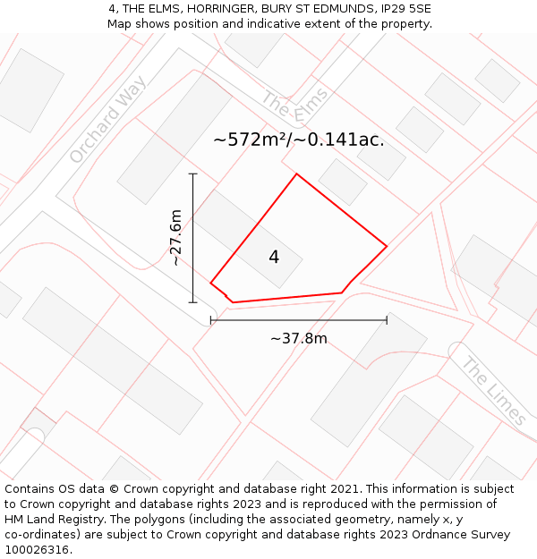 4, THE ELMS, HORRINGER, BURY ST EDMUNDS, IP29 5SE: Plot and title map
