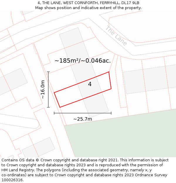 4, THE LANE, WEST CORNFORTH, FERRYHILL, DL17 9LB: Plot and title map