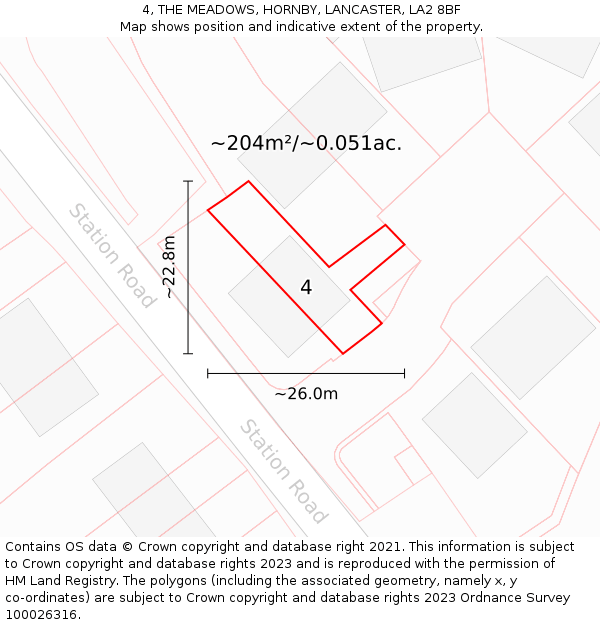 4, THE MEADOWS, HORNBY, LANCASTER, LA2 8BF: Plot and title map