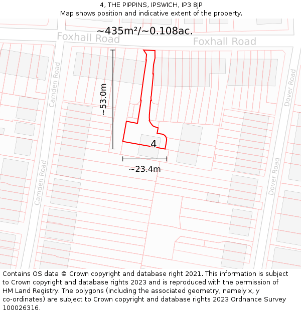 4, THE PIPPINS, IPSWICH, IP3 8JP: Plot and title map