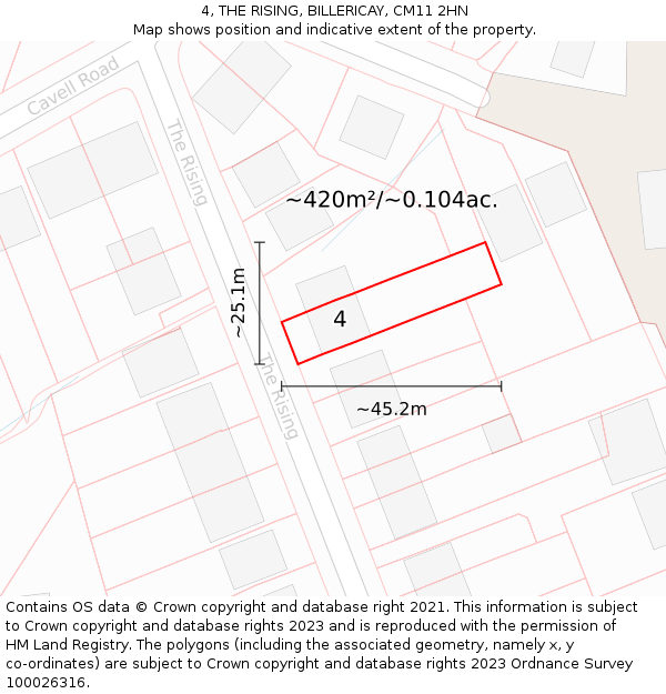 4, THE RISING, BILLERICAY, CM11 2HN: Plot and title map