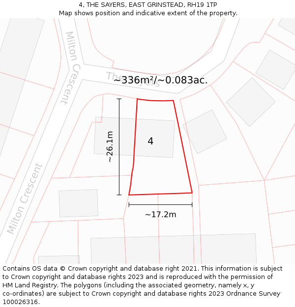 4, THE SAYERS, EAST GRINSTEAD, RH19 1TP: Plot and title map