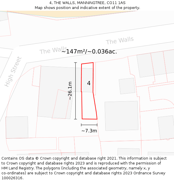 4, THE WALLS, MANNINGTREE, CO11 1AS: Plot and title map