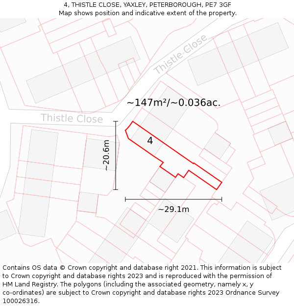 4, THISTLE CLOSE, YAXLEY, PETERBOROUGH, PE7 3GF: Plot and title map