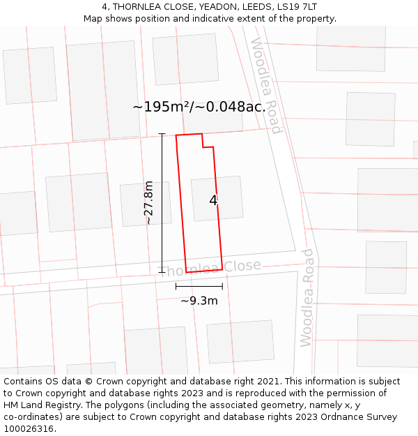 4, THORNLEA CLOSE, YEADON, LEEDS, LS19 7LT: Plot and title map