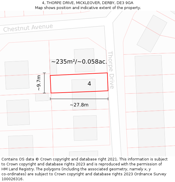 4, THORPE DRIVE, MICKLEOVER, DERBY, DE3 9GA: Plot and title map