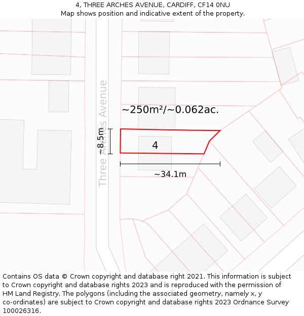 4, THREE ARCHES AVENUE, CARDIFF, CF14 0NU: Plot and title map