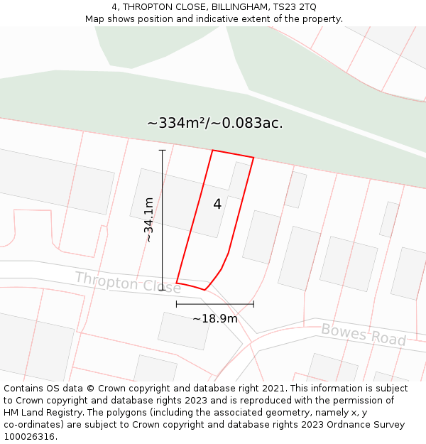 4, THROPTON CLOSE, BILLINGHAM, TS23 2TQ: Plot and title map