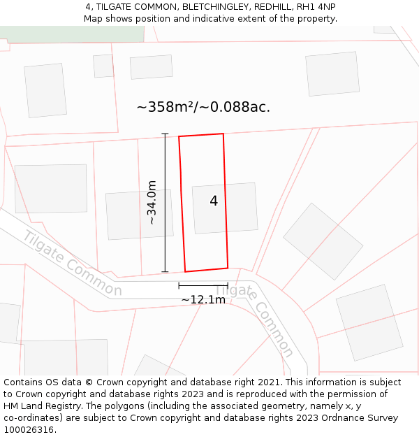 4, TILGATE COMMON, BLETCHINGLEY, REDHILL, RH1 4NP: Plot and title map