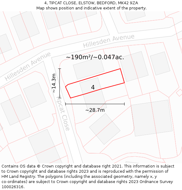 4, TIPCAT CLOSE, ELSTOW, BEDFORD, MK42 9ZA: Plot and title map