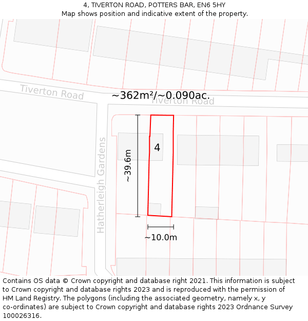4, TIVERTON ROAD, POTTERS BAR, EN6 5HY: Plot and title map