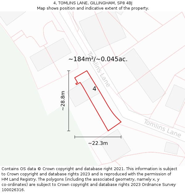 4, TOMLINS LANE, GILLINGHAM, SP8 4BJ: Plot and title map