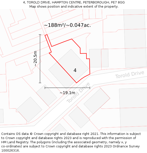 4, TOROLD DRIVE, HAMPTON CENTRE, PETERBOROUGH, PE7 8GG: Plot and title map