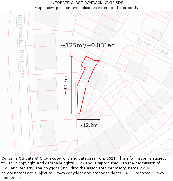 4, TORRES CLOSE, WARWICK, CV34 6DS: Plot and title map