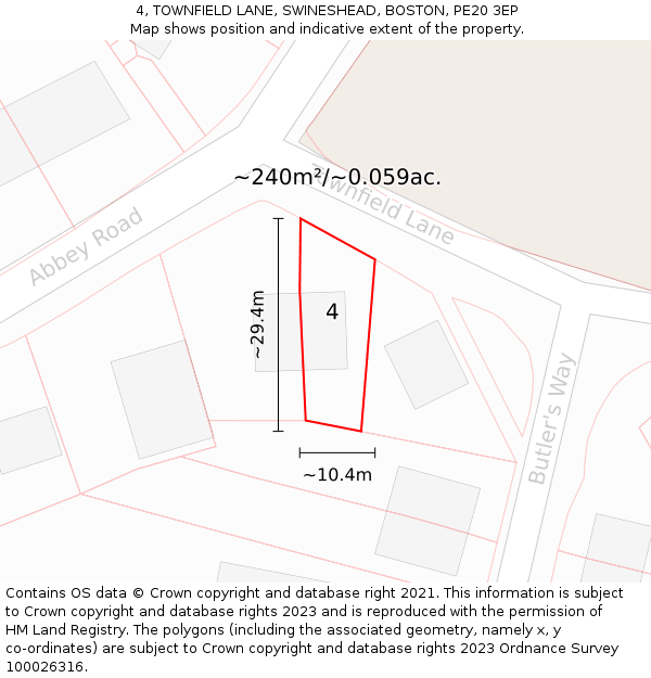 4, TOWNFIELD LANE, SWINESHEAD, BOSTON, PE20 3EP: Plot and title map