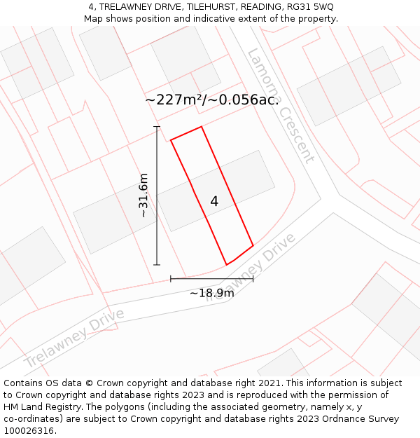 4, TRELAWNEY DRIVE, TILEHURST, READING, RG31 5WQ: Plot and title map
