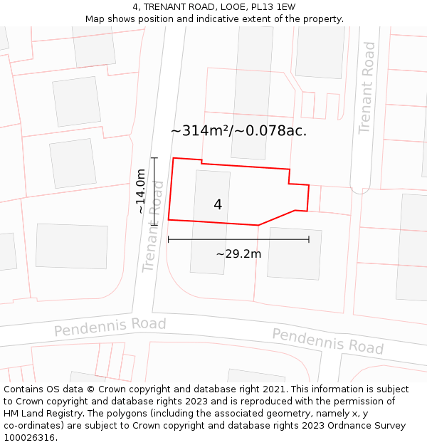 4, TRENANT ROAD, LOOE, PL13 1EW: Plot and title map