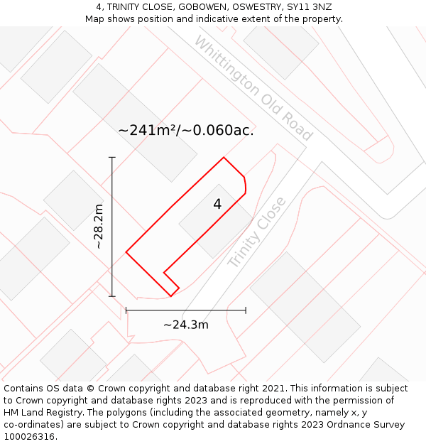 4, TRINITY CLOSE, GOBOWEN, OSWESTRY, SY11 3NZ: Plot and title map