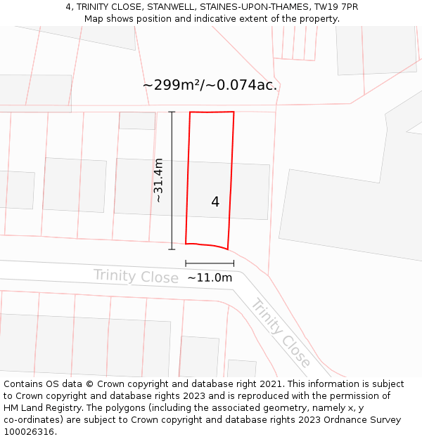 4, TRINITY CLOSE, STANWELL, STAINES-UPON-THAMES, TW19 7PR: Plot and title map