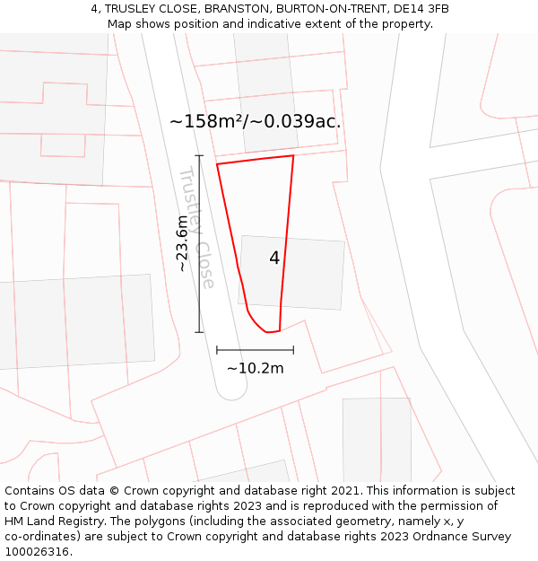 4, TRUSLEY CLOSE, BRANSTON, BURTON-ON-TRENT, DE14 3FB: Plot and title map