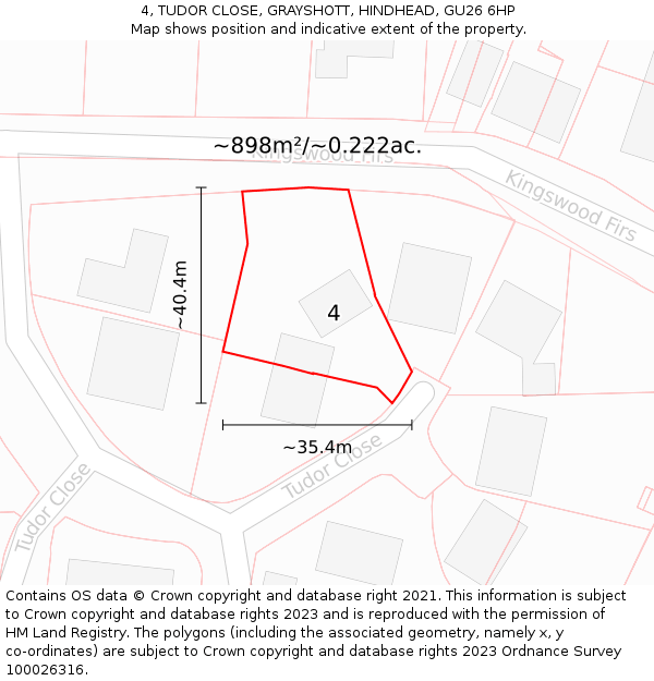 4, TUDOR CLOSE, GRAYSHOTT, HINDHEAD, GU26 6HP: Plot and title map