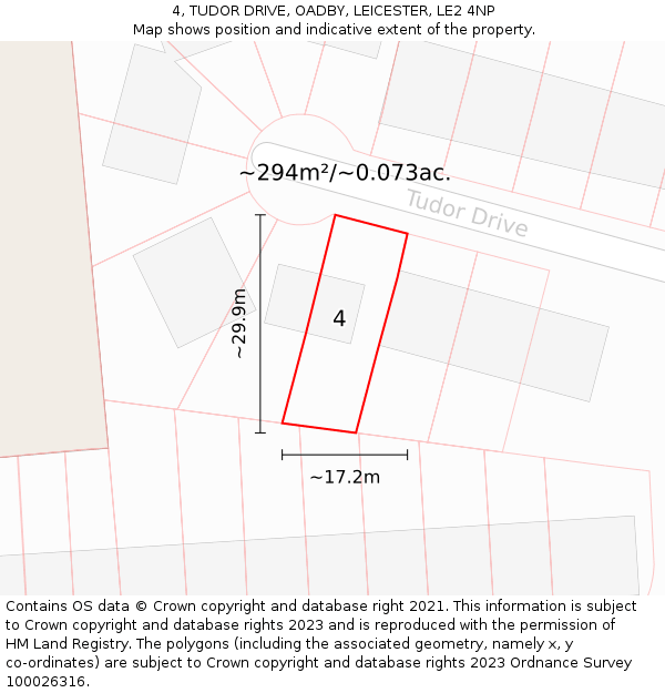 4, TUDOR DRIVE, OADBY, LEICESTER, LE2 4NP: Plot and title map