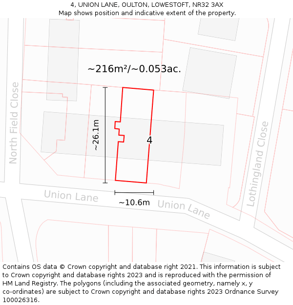 4, UNION LANE, OULTON, LOWESTOFT, NR32 3AX: Plot and title map