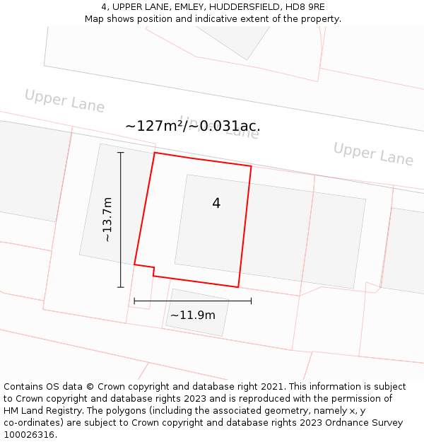 4, UPPER LANE, EMLEY, HUDDERSFIELD, HD8 9RE: Plot and title map