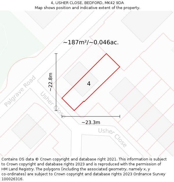 4, USHER CLOSE, BEDFORD, MK42 9DA: Plot and title map