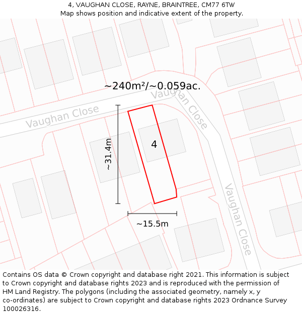 4, VAUGHAN CLOSE, RAYNE, BRAINTREE, CM77 6TW: Plot and title map