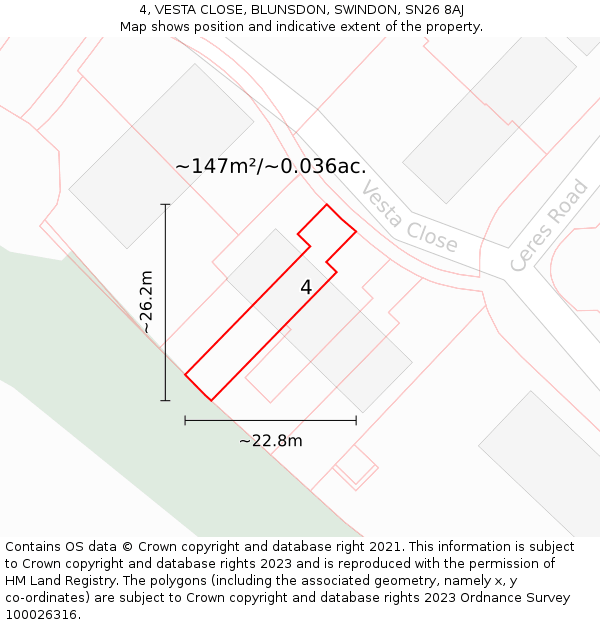 4, VESTA CLOSE, BLUNSDON, SWINDON, SN26 8AJ: Plot and title map