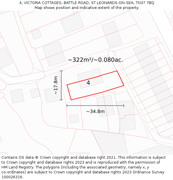 4, VICTORIA COTTAGES, BATTLE ROAD, ST LEONARDS-ON-SEA, TN37 7BQ: Plot and title map