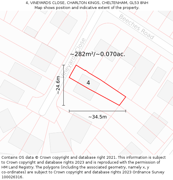 4, VINEYARDS CLOSE, CHARLTON KINGS, CHELTENHAM, GL53 8NH: Plot and title map