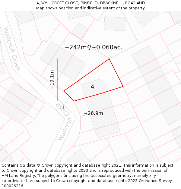 4, WALLCROFT CLOSE, BINFIELD, BRACKNELL, RG42 4UD: Plot and title map
