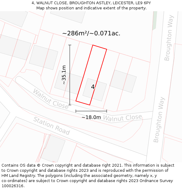 4, WALNUT CLOSE, BROUGHTON ASTLEY, LEICESTER, LE9 6PY: Plot and title map