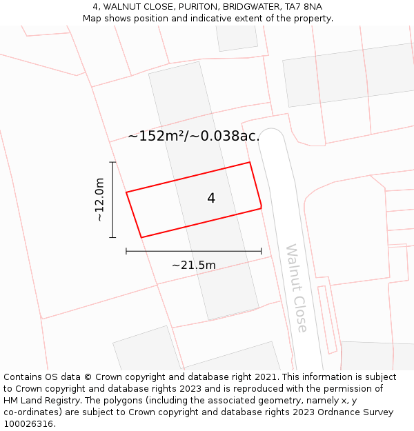 4, WALNUT CLOSE, PURITON, BRIDGWATER, TA7 8NA: Plot and title map