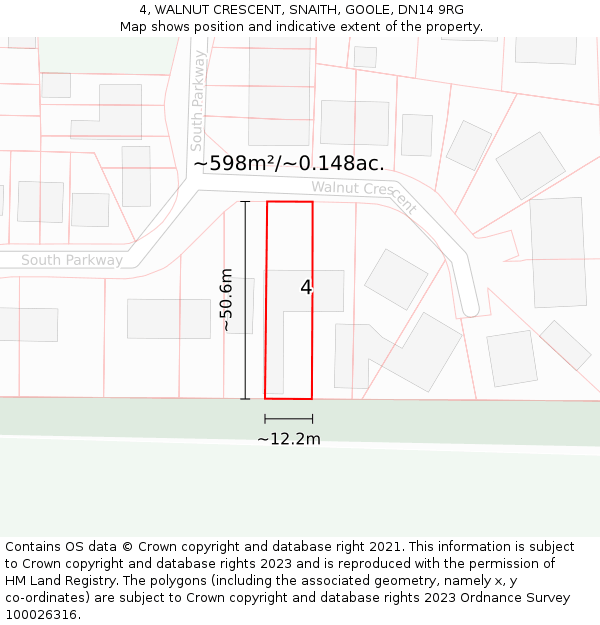 4, WALNUT CRESCENT, SNAITH, GOOLE, DN14 9RG: Plot and title map