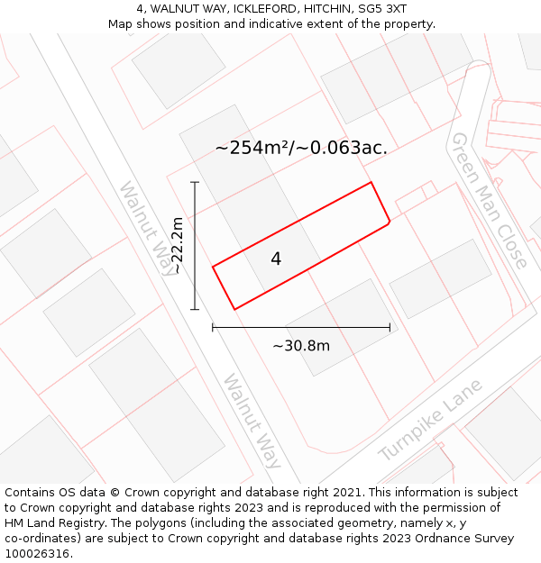 4, WALNUT WAY, ICKLEFORD, HITCHIN, SG5 3XT: Plot and title map
