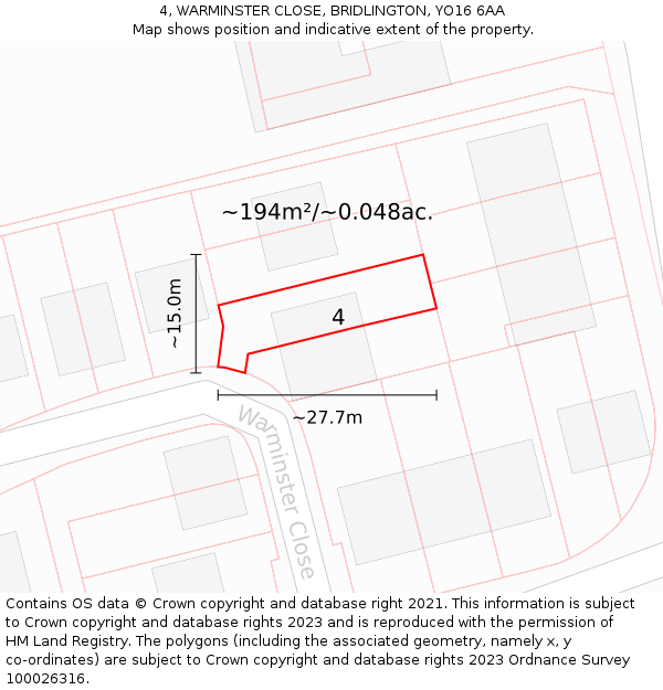 4, WARMINSTER CLOSE, BRIDLINGTON, YO16 6AA: Plot and title map