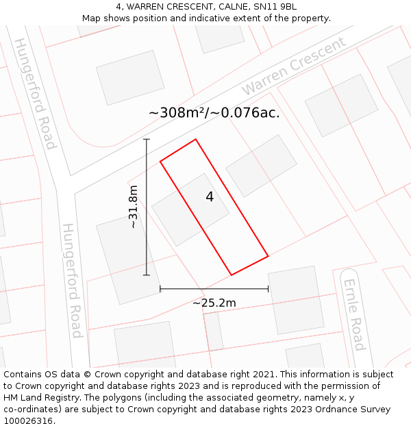 4, WARREN CRESCENT, CALNE, SN11 9BL: Plot and title map