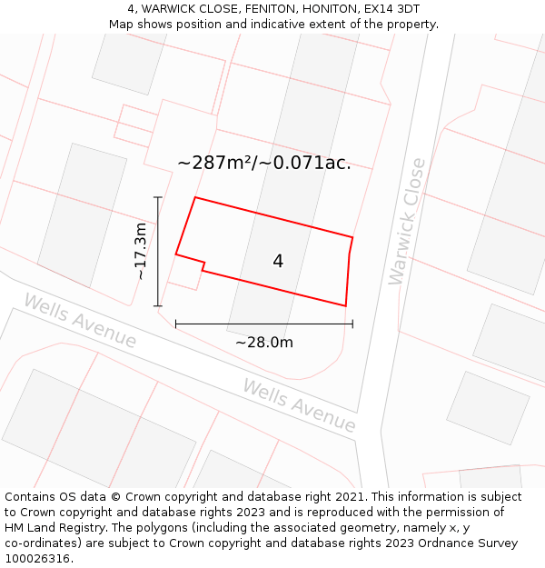4, WARWICK CLOSE, FENITON, HONITON, EX14 3DT: Plot and title map