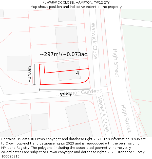 4, WARWICK CLOSE, HAMPTON, TW12 2TY: Plot and title map