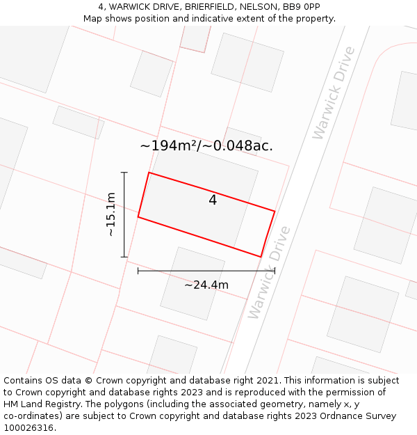 4, WARWICK DRIVE, BRIERFIELD, NELSON, BB9 0PP: Plot and title map