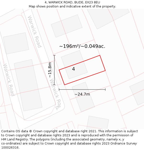 4, WARWICK ROAD, BUDE, EX23 8EU: Plot and title map