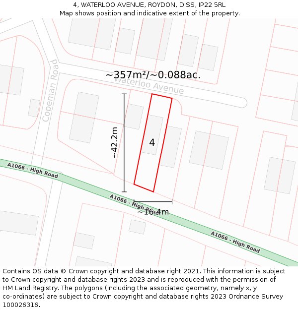 4, WATERLOO AVENUE, ROYDON, DISS, IP22 5RL: Plot and title map
